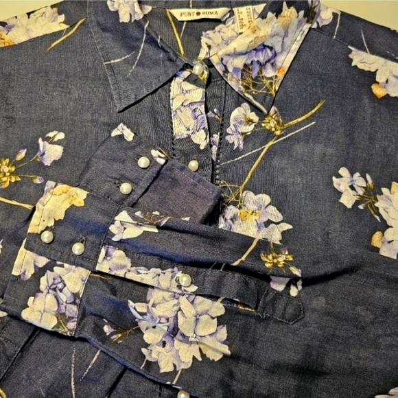 Punt Roma Navy Blue Floral Print Linen Blouse - Picture 11 of 16